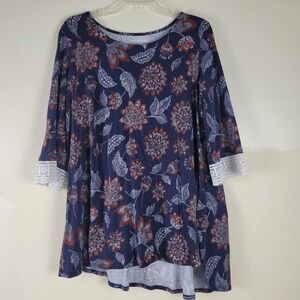 Woman Within Navy Floral Crochet Lace Cuff High-Low Tunic Top 18/20